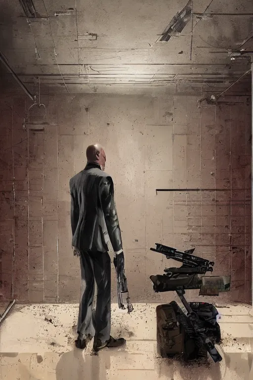 Image similar to an expressive full body portrait of agent 4 7 from hitman in a hallway full of guns, dark background, red rim light, digital art, artstation, concept art by giger stalenhag