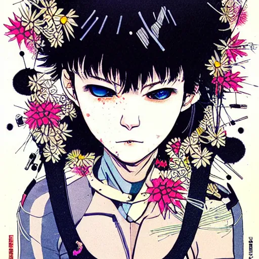 Image similar to prompt: Fragile portrait of singular persona covered with flowers and bullets illustrated by Katsuhiro Otomo, inspired by Ghost in Shell and 1990 anime, smaller cable and cyborg parts as attributes, eyepatches, illustrative style, intricate ink and guache painting detail, manga and anime 1990