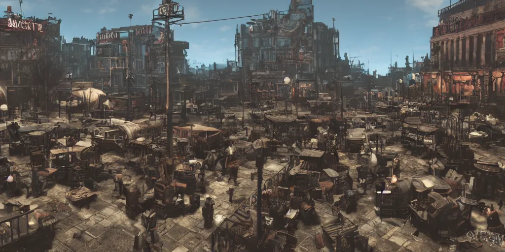 Image similar to a busy town square, fallout style, fallout 3, fallout 4, fallout 7 6, post - apocalyptic, digital art, 4 k,