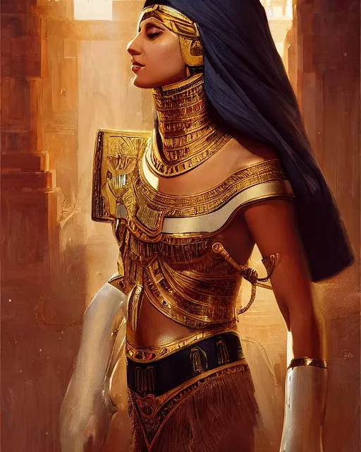 Image similar to Jessica Kahawaty as a beautiful egyptian princess, gorgeous, portrait, Symmetrical, powerful, intricate, beautiful, masterpiece, elegant, volumetric lighting, highly detailed, artstation, sharp focus, no cropping, illustration, Jean-Leon Gerome , ruan jia