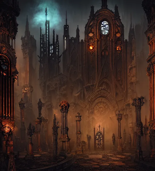 Image similar to steam necropolis, memento mori, gothic, neo - gothic, art nouveau, hyperdetailed copper patina medieval icon, stefan morrell, philippe druillet, ralph mcquarrie, concept art, steampunk, unreal engine, detailed intricate environment, octane render, moody atmospherics, volumetric lighting, ultrasharp, ominous, otherworldly