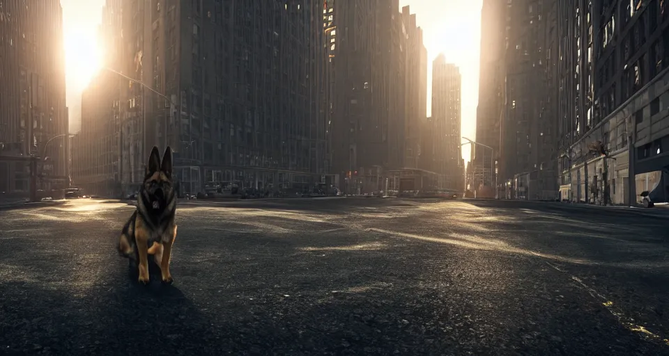 Image similar to the german shepherd of I am legend in new york, octane render, unreal engine, sundown, empty streets