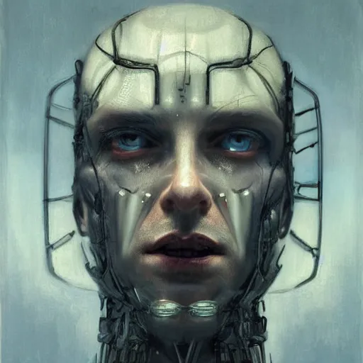 Image similar to surreal portrait of a man by Greg Rutkowski, symmetrical face, he is about 30 years old, short black hair with bangs, his features are a mix between French, Turkish and Russian, transformed into a kind of biomechanical transhuman god, blue glowing eyes, expression of epiphany and determination, cosmic void background, frightening, fascinating, highly detailed portrait, digital painting, book cover, artstation, concept art, smooth, sharp foccus ilustration, Artstation HQ