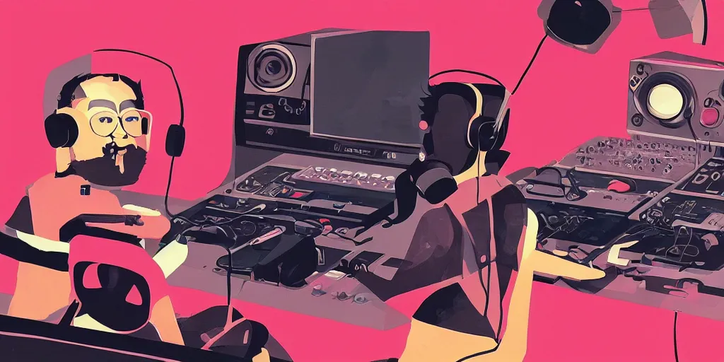 Image similar to ' black monkey '!!! listening to'music!!!!!!'in front of'radio console '!!!! and'multi onitors!!!!!!'wearing'headphones!!!!'in a dj radio broadcasting studio, artwork by james gilleard