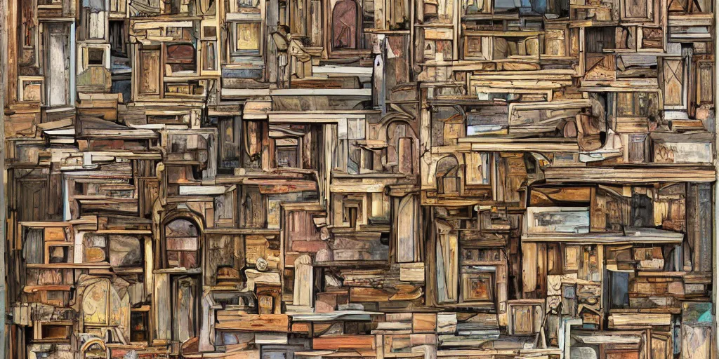 Prompt: an entire landscape made of doors of various shapes, sizes and colors, wood, peeling pain, metal, fantasy