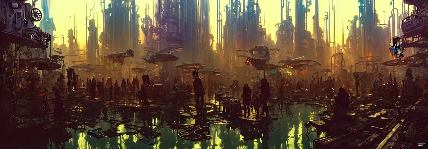 Image similar to steampunk cyberpunk city in a swamp, busy market, godrays, cinematic, poster art by weta studio, lucasfilm jesper ejsing, norman rockwell, mucha, ilya kuvshinov, greg rutkowski frank frazzeta on artstation