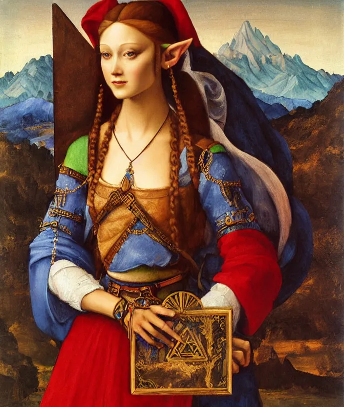 Prompt: oil painting half-length portrait of Princess Zelda holding the triforce by Leonardo da Vinci