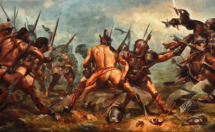 Image similar to oil painting of a spartan army charging against a giant cyclops,