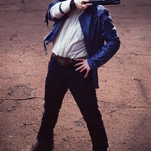 Prompt: ed sheeran as spike spiegel from cowboy bebop, holding a gun like james bond, cinematic, 4 k, realistic, wide angle lens. 8 k, hyperdetailed, precise, low - lighting