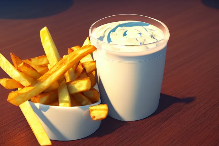 Prompt: best fries, best mayonnaise, best weather, best light, best drink. super realistic 8 k render of a elegant, cinematic composition