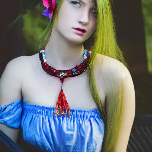 Prompt: dslr photo of a pretty young woman, full bodied portrait, with blue hair, sitting on a bench wearing a flower skirt, and body and wearing hemp sandals and a very detailed ruby necklace around neck, artgerm, artstation, very high quality face, intricate details, extremely high quality, moody lighting, real camera, real photo, 8 k, full subject in shot