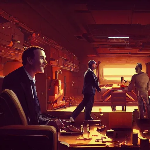 Image similar to illustration of a meeting between elon musk, mark zuckerberg, jeff bezos, very detailled, by artgem, greg rutkowski