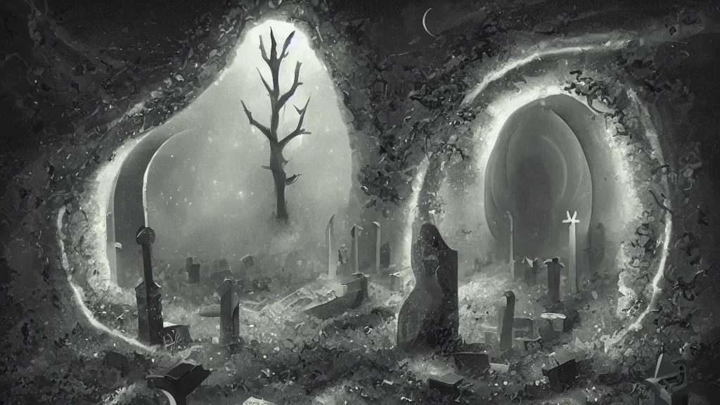 Prompt: a black hole inside a grave at a cemetery, trending on artstation, galaxies, illustration, deep, beautiful