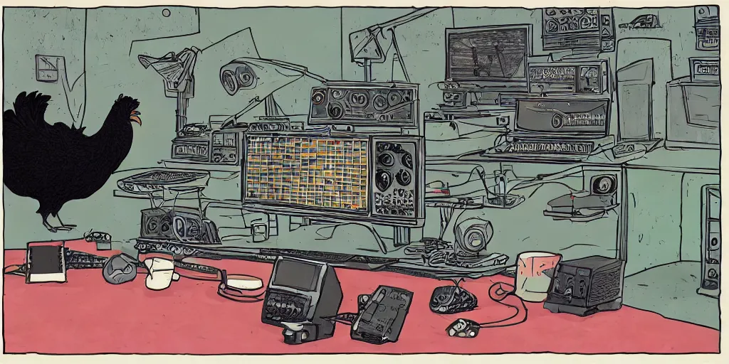 Image similar to 'black chicken'!!! smoking 'cannabis'!!!!!! in front of 'audio console'!!!! and 'multi monitors'!!!! 'in a hi-tech tv broadcasting studio'!!!!, artwork by James Gilleard