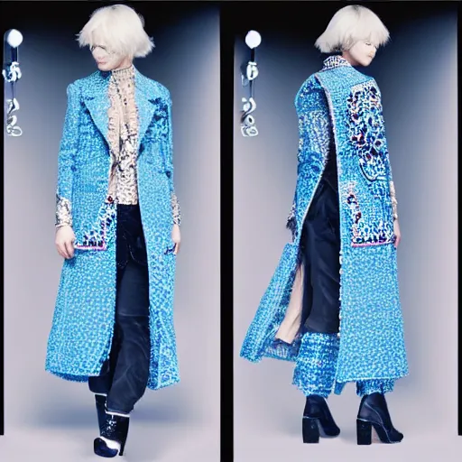 Image similar to fashion 2 0 5 0 fantastic openwork long coat with intricate pattern on a beautiful symmetrical girl with blue hair, hyper realistic photos