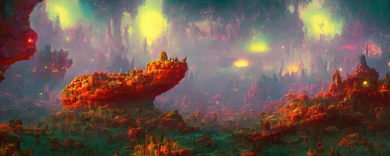 Prompt: ” otherwordly whimsical landscape, [ cinematic, detailed, epic, widescreen, opening, establishing, mattepainting, photorealistic, realistic textures, octane render, art by paul lehr ] ”