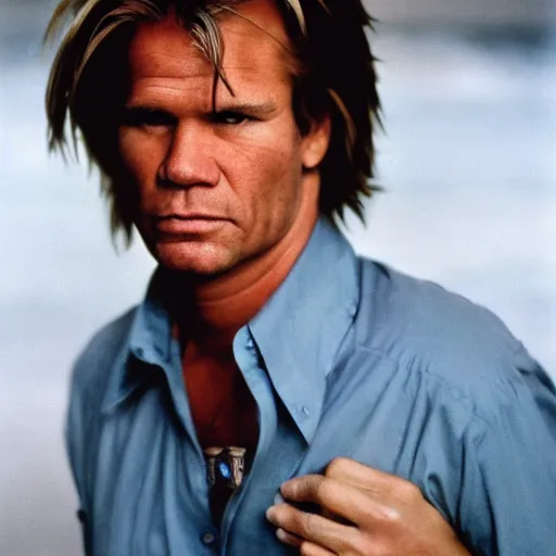 Prompt: Candid portrait photograph of McGyver looking smug taken by Annie Leibovitz