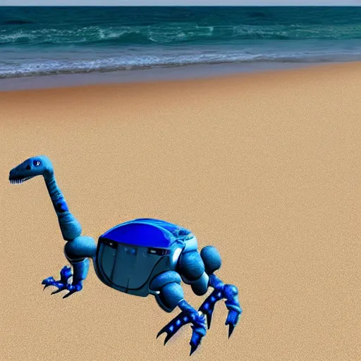 Image similar to a robot dinosaur is sleeping on the beach, photorealistic