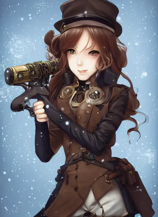 Prompt: girl with steampunk weapons and uniform, smug, finely detailed, made by artgerm, ross tran, full body portrait, illustration, snow, snowing, cloudy, anime, side view, perfect anime face, realistic face, zoomed out, smooth, brown eyes, high waisted shorts