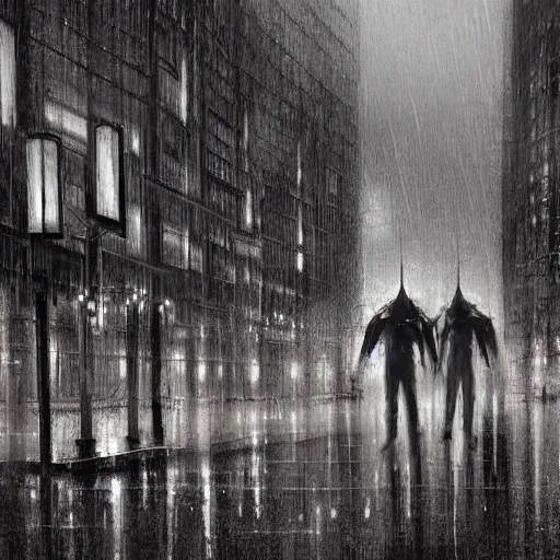 Image similar to close up of dystopian london raining with robots walking the streets, pencil sketch, realistic shaded, fine details, realistic shaded lighting poster by greg rutkowski