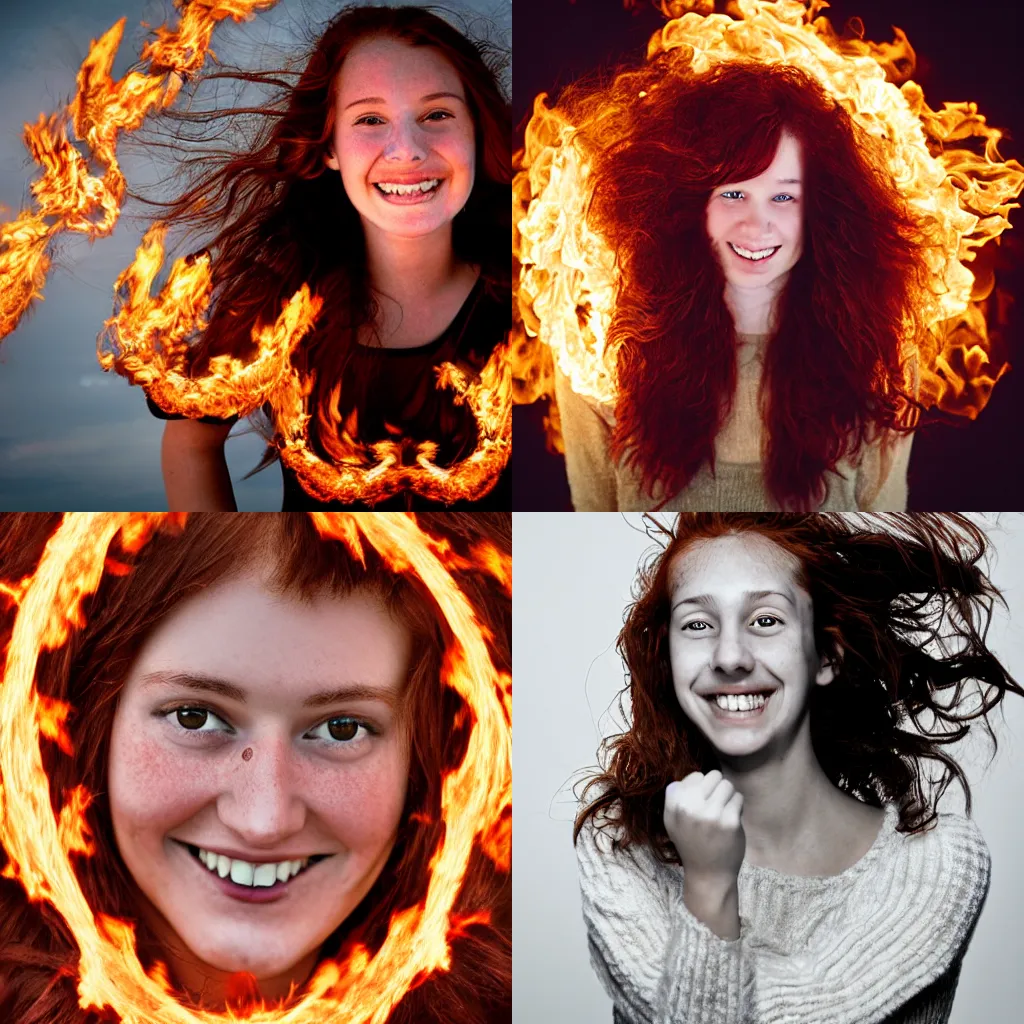 Prompt: a choppy red haired brown eyed teenage girl surrounded by rings of flames and wisps of fire smiling maliciously. By Steven Belledin