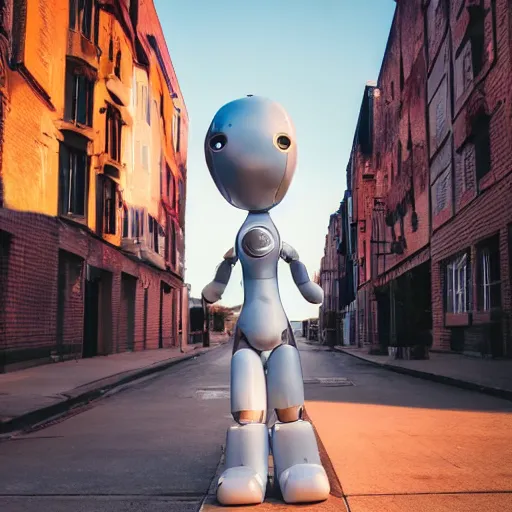 Image similar to a calming photograph of a tall, slender, humanoid robot caresses a beautiful woman in the face, large shot, wide shot, in a street, sunset photo