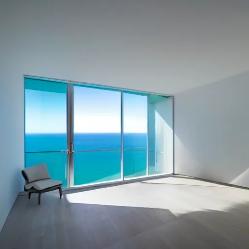 Prompt: a large white room with minimalist architecture and a large glass wall that shows the ocean, underwater,