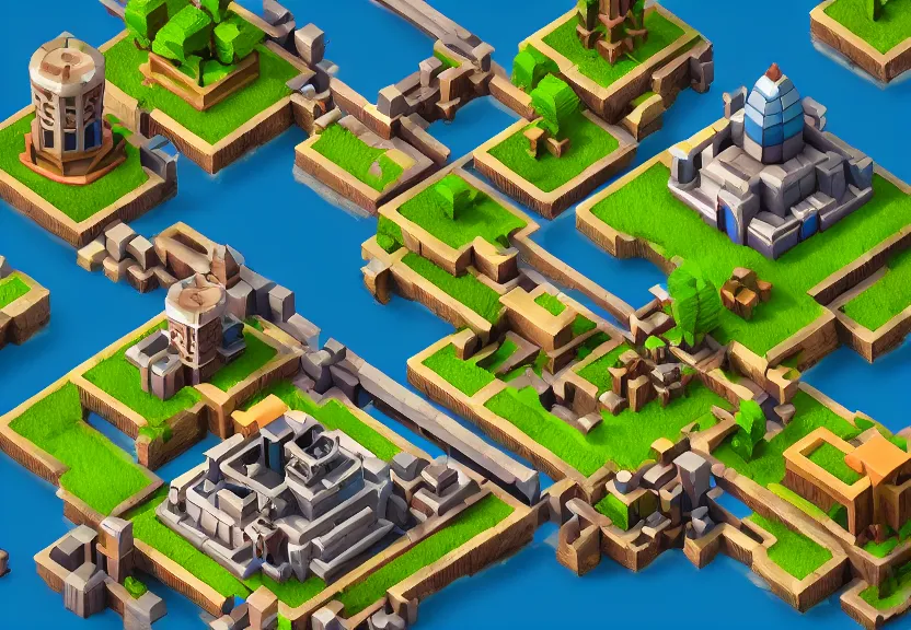 Image similar to isometric game level, style by clash of clans, beautiful lighting, unreal engine, artstation