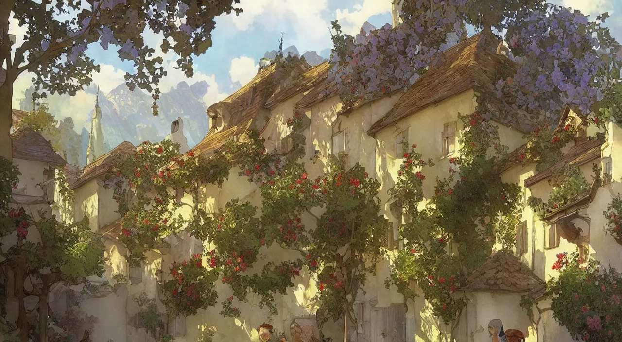 Image similar to A beautiful landscape painting of a small french village by Alfons Maria Mucha and Julie Dillon and Makoto Shinkai