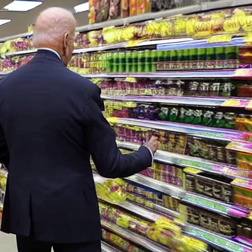 Prompt: joe biden at the grocery store surveillance footage