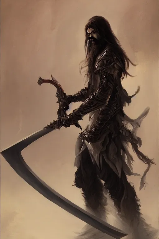 Prompt: fantasy painting of a long-haired pale man with a black blade, painted by Bayard Wu, ultra detailed, 8k