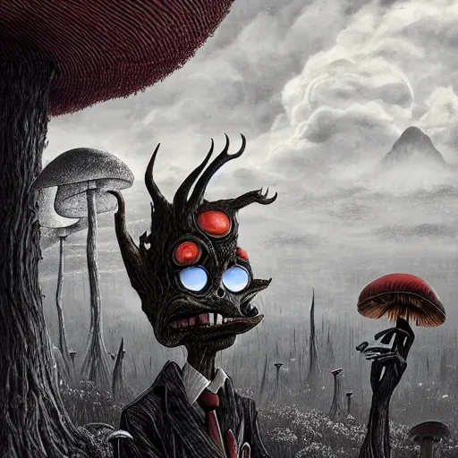 Image similar to 4 k headshot portrait of a psychedelic demonic anthropomorphic wendigo smoking a hand - rolled cigarette smoking heavily, magic mushroom village in background. award winning. superb resolution. in the art style of junji ito and greg rutkowski. detailed mushroom city in background. hyper realistic anime. perfect art. dalle 2