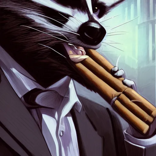 Image similar to a racoon wearing a suit smoking a cigar on his mouth, dramatic lighting, cinematic, establishing shot, extremly high detail, photorealistic, cinematic lighting, artstation, style by James Gurney