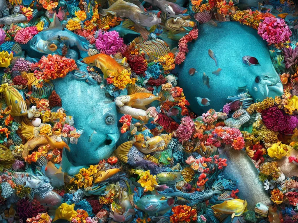 Prompt: a sculpture of fish ocean intertwined, a lovely cornucopia of flowers and human body parts, body parts, highly detailed, octane render, cinematic, shock, sharp focus, ball