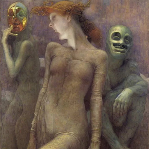 Prompt: an infinite maze of masked mystery and intrigue, in the style of edgard maxence, lucien levy - dhurmer, jean delville, oil on canvas
