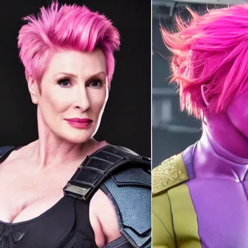 Prompt: jane lynch has pink hair and plays zarya from overwatch in a new live action film with zarya ’ s blue armor, hands resting on hips, stage lighting, 3 5 mm, symmetrical, photoshoot