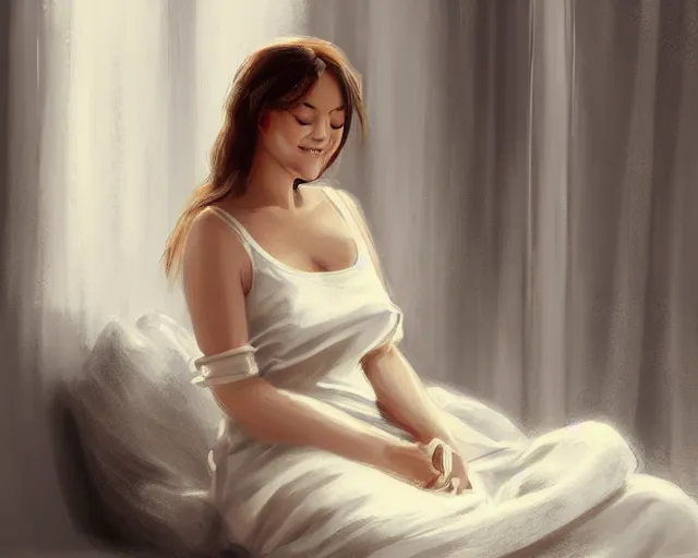 Image similar to a relaxed smiling woman in a soft night gown sitting with her eyes closed on a loose pile of soft fabrics infront of a window with the blinds drawn shut. there is a flower vase near her. by richard s. johnson, trending on deviantart