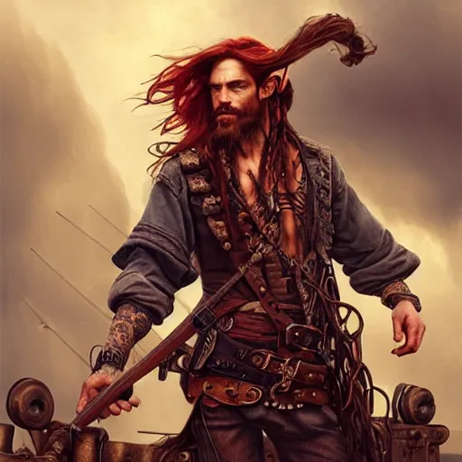 Image similar to rugged playful pirate, 3 0 years old, male, handsome, masculine, red hair, long hair, soft hair, fantasy, intricate, elegant, highly detailed, steampunk, airship, digital painting, artstation, concept art, character art, smooth, sharp focus, illustration, art by artgerm and greg rutkowski and alphonse mucha