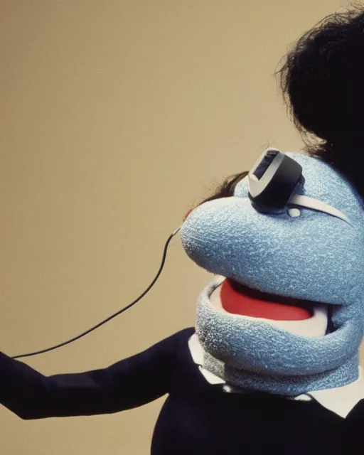 Prompt: actor Andy Kaufman as a muppet wearing noise cancellation headphones, Hyperreal, Studio Lighting