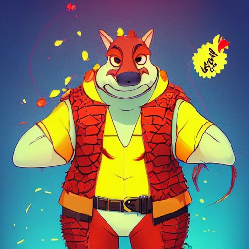 Image similar to in the style of artgerm, loish and ross tran, anthropomorphic alligator, red scales on his back, yellow scale on his belly and chest, male, waring a hawaiian shirt, in the style of zootopia