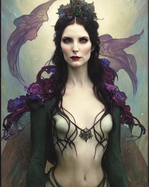 Image similar to daniel gerhartz, wlop, tom bagshaw, alfons mucha, detailed portrait digital painting of a beautiful serious villainess wearing fantasy clothing like liliana vess, villainess has black angel wings, evil mood, hellish battlefield in the background, embers flying, unreal engine, hyper realism, realistic shading, cinematic composition, blender render, ultrawide shot