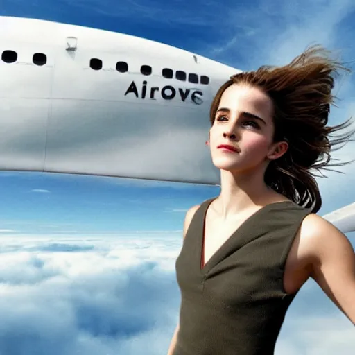 Image similar to Emma Watson flying in the clouds next to an airliner, full body shot