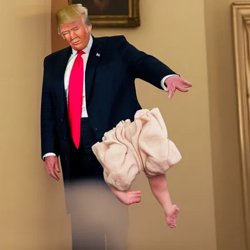 Prompt: donald trump wearing nappy, hyper realistic, wide shot, photography, award winning, 8 k,