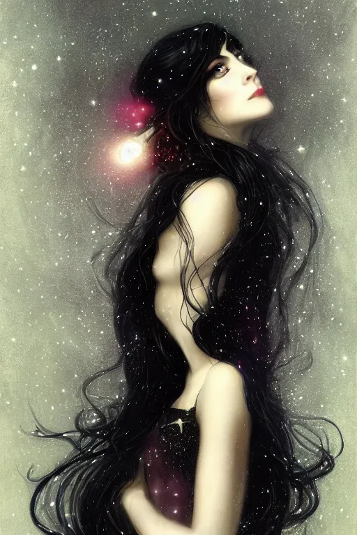 Image similar to Nocturne, glowing, stars, a long-legged elegant evil woman, long black hair, highly detailed, mysterious, ethereal, dressed in black velvet, haute couture, illustration, dramatic lighting, soft details, painting, by Edmund Blair Leighton, Brom, Charlie Bowater, trending on artstation, faces by Tom Bagshaw, otto schmidt