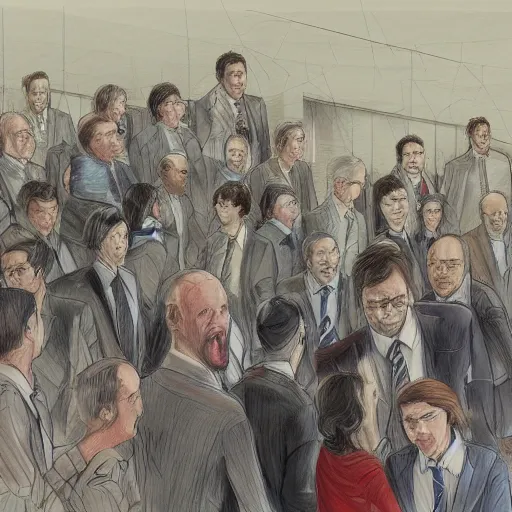 Image similar to highly detailed realistic sketch of UN members in suits yelling at a cyborg samurai, fear and anger in their eyes, colored , award winning , masterpiece on a scroll , post-processing