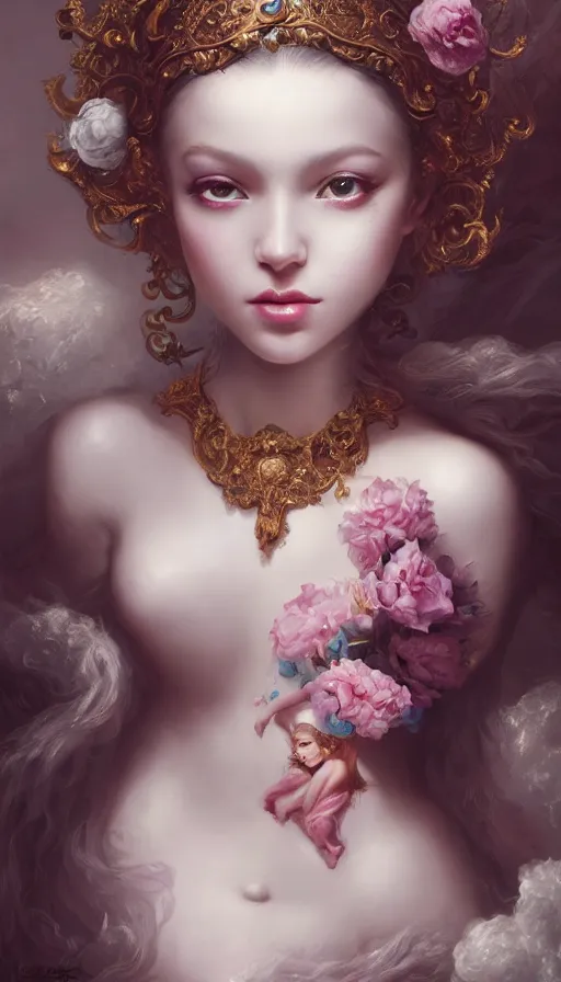 Image similar to pop surrealism, rococo, baroque hair, angelic young female seductive - fine - face, pretty face, key visual, realistic shaded perfect face, fine details by stanley artgerm lau, wlop, nekro, james jean, andrei riabovitchev, marc simonetti, and sakimichan, trending on artstation