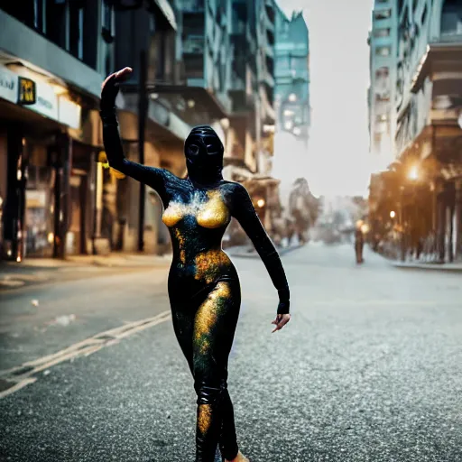 Image similar to beautiful female model dancing on the street with body painted in black colors, acid rain, wet vallerina, wearing latex balaclava, golden body paint, photography by amy leibowitz, street, bokeh, long exposure, color papers flying in the sky