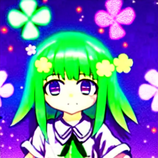 Image similar to a hologram of moe styled green haired yotsuba koiwai crossed fingers, wearing a gothic lolita decora spiked jacket, background full of lucky clovers and shinning stars, holography, irridescent