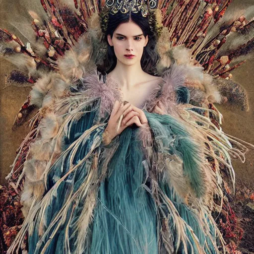 Prompt: real photoshoot queen of oceans, wearing a full feathered cloak and a fancy 🍂🌾🍂🍁 silk floral dress, ornate, ultra realistic, concept art, intricate details, eerie, highly detailed, photorealistic, octane render, 8 k, wlop. art by artgerm and greg rutkowski and charlie bowater and magali villeneuve and gustav klimt