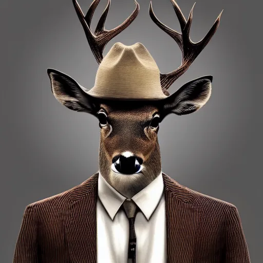 Image similar to a upper body portrait of a deer in a pinstriped suit and pants wearing a fedora with the antlers sticking out of the fedora by artgerm and wlop, intricate detail, digital art, photorealistic, trending on artstation